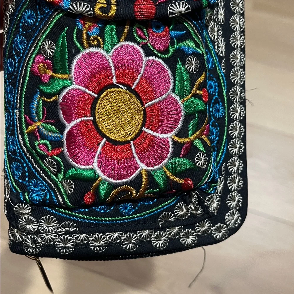 Floral Embroidered Crossbody Bag - Black and Multicolor